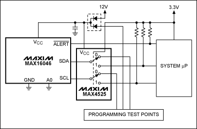 Figure 1. The MAX16046 shares its I&sup2;C bus through the MAX4525 multiplexer/switch.