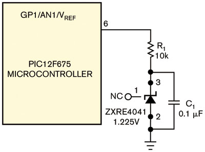 圖1一個電壓基準(zhǔn)與一只電容為微控制器提供一個基準(zhǔn)電壓
