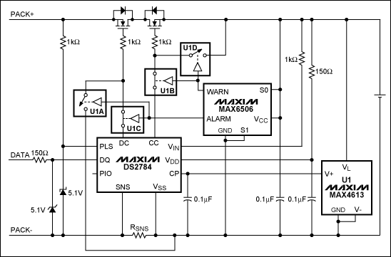 圖1. 在DS2784應用電路中加入MAX6506和MAX4613實現(xiàn)可編程的熱保護(開關U1A-U1D表示MAX4613內的4個開關)。