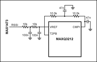 圖9. 使用MAXQ3212上的比較器測量模擬信號強度。