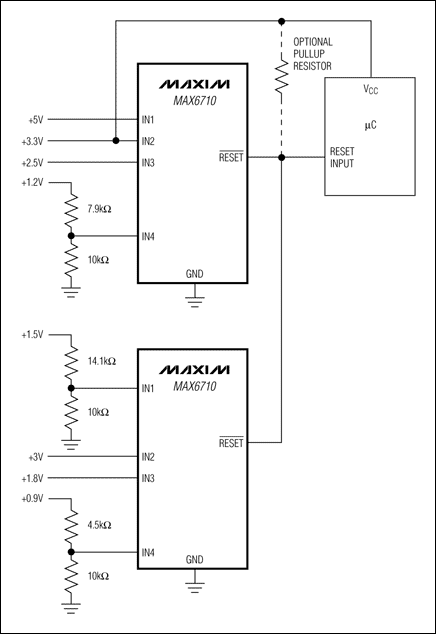 圖1. 利用兩片漏極開路輸出的多電壓監(jiān)控器監(jiān)控8路電壓，提供單個復位輸出。