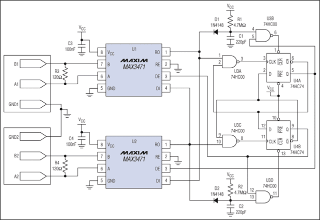 圖1. 待機(jī)電流只有3μA的RS-422中繼器。