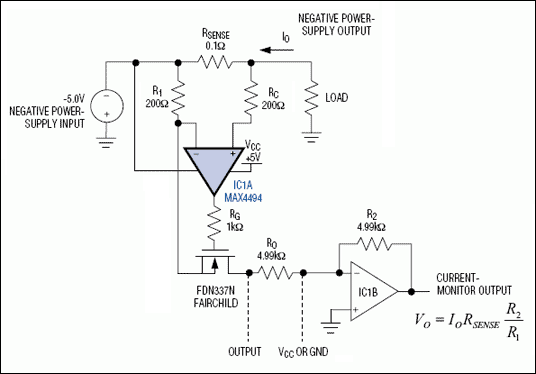 圖1. 這個電流檢測電路監(jiān)視負(fù)電源，并提供一個正比于負(fù)載電流的正輸出電壓