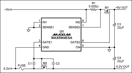 圖2. 單芯片方案，為正、負電源提供浪涌電流限制，但-5.2V通道不具備斷路器功能。