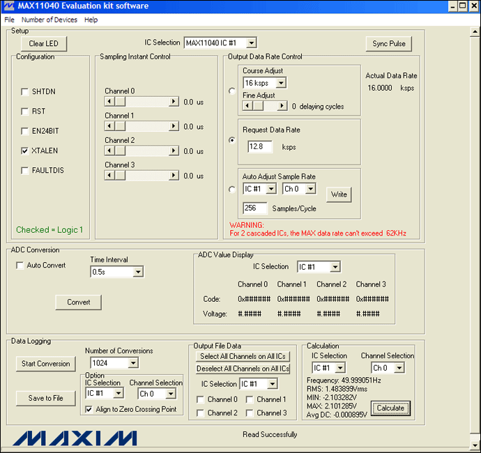 圖4. MAX11040EVKIT GUI允許用戶方便地設(shè)置各種測量條件：12.8ksps、256采樣點(diǎn)/周期和1024次轉(zhuǎn)換。此外，GUI的計(jì)算部分提供了一個進(jìn)行快速工程運(yùn)算的便捷工具。