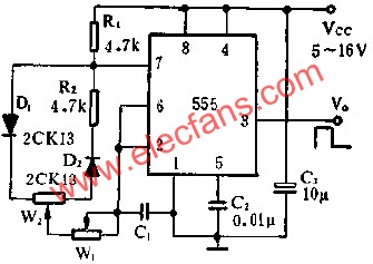 時(shí)基集成電路組成占空比連續(xù)可調(diào)的脈沖發(fā)生器電路圖 www.greenbey.cn