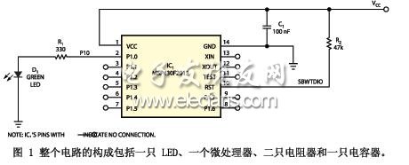 整個電路的構成包括一只 LED、一個微處理器、二只電阻器和一只電容器