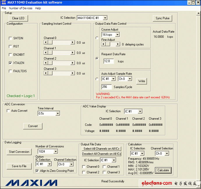圖4. MAX11040EVKIT GUI允許用戶方便地設置各種測量條件：12.8ksps、256采樣點/周期和1024次轉換。此外，GUI的計算部分提供了一個進行快速工程運算的便捷工具。