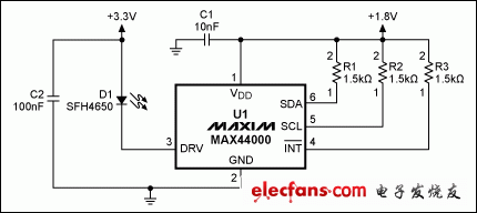 圖2. MAX44000典型電路，帶有發(fā)射器旁路。