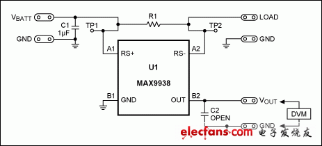 圖4. MAX9938EV標(biāo)準(zhǔn)分流器為50mΩ、4端電阻(R1)。利用6個100mΩ電阻并聯(lián)R1，得到12.5mΩ檢流電阻。
