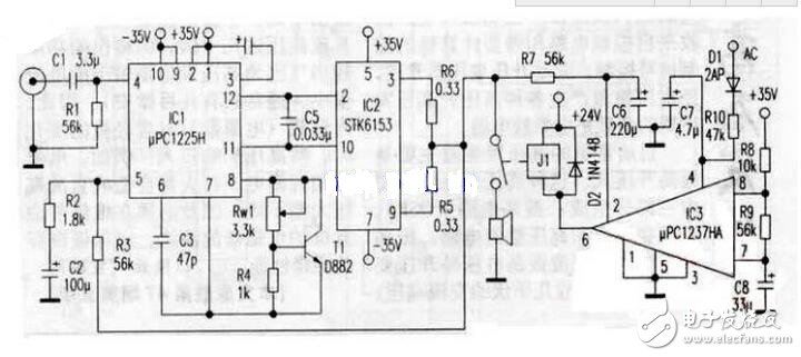 uPC1225H是NEC推出的50W音響驅(qū)動(dòng)電路，芯片內(nèi)部設(shè)置有完善的保護(hù)環(huán)節(jié)，外圍電路雖然略微復(fù)雜了一些，但uPC1225H的輸出電壓偏差只有±5mV，極寬的功率頻帶與極高的轉(zhuǎn)換速率使之比LM3886等集成功放的音色溫暖，柔和且更加耐聽。