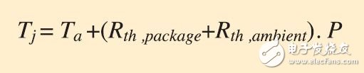 圖 3 - 環(huán)境溫度與結溫之間的關系。其中 Tj 代表結溫，Ta 代表環(huán)境溫度，Rth、package 代表結點與封裝外表面間的熱阻，Rth、ambient 代表封裝外表面和環(huán)境空氣間的熱阻（如果沒有散熱器或空氣流時為 0）且 P 為器件耗散的功率。